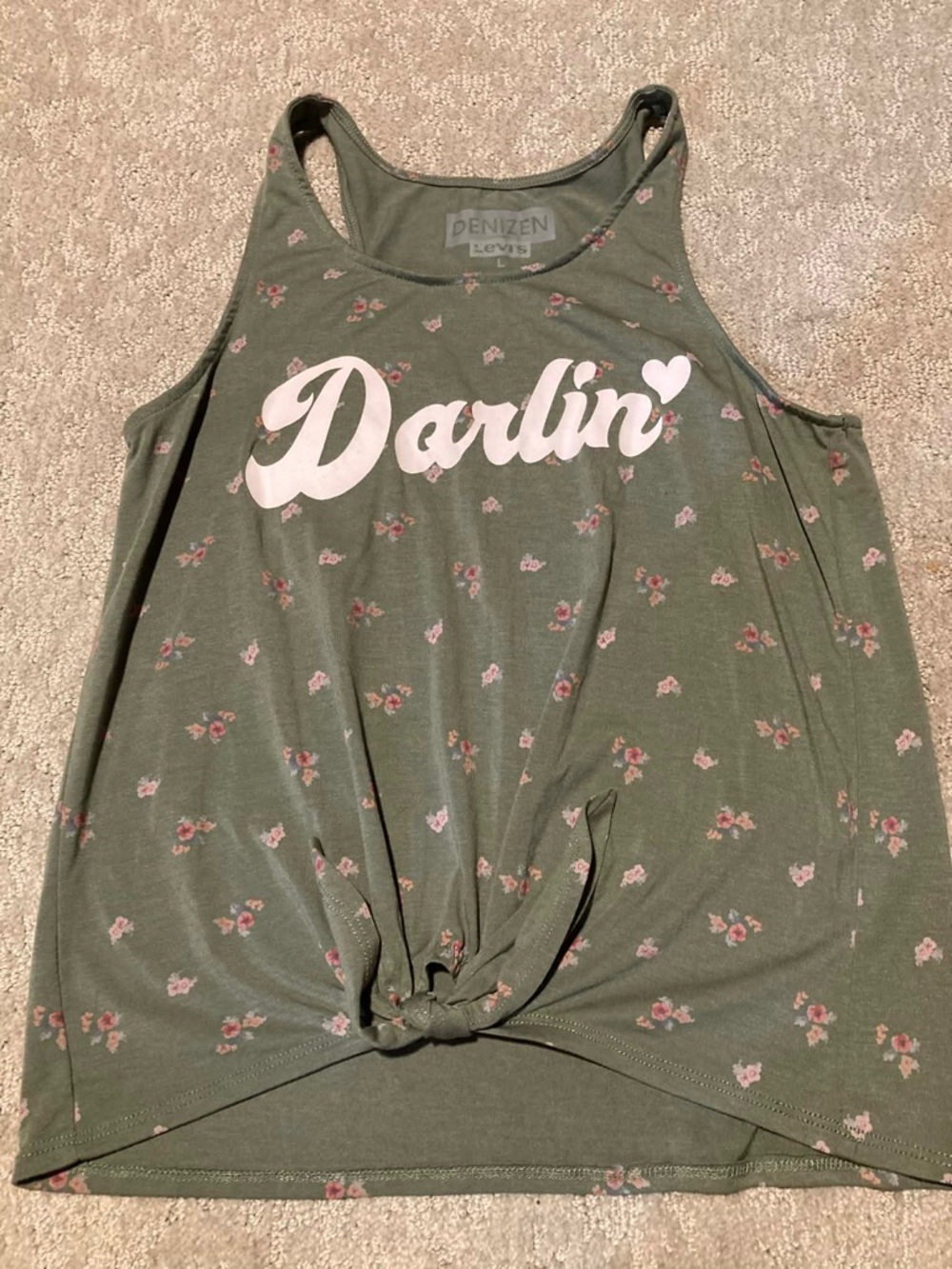 Denizen from Levi's Olive Tank Top with Pink Floral Print and 'Darlin' Script